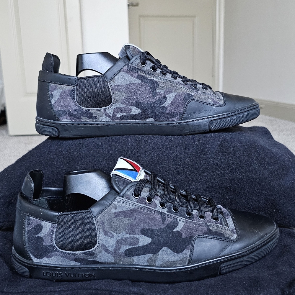Louis Vuitton Camouflage Suede Black Leather Slalom Low Top Sneakers